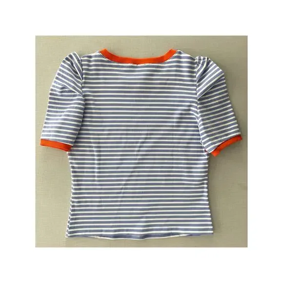 Maeve Anthropologie Sz XL Puff Sleeve Ribbed T-Shirt Blue Striped Casual Preppy - Picture 4 of 12